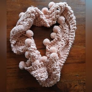 Pink Knitted Infinity Scarf with Pom Poms